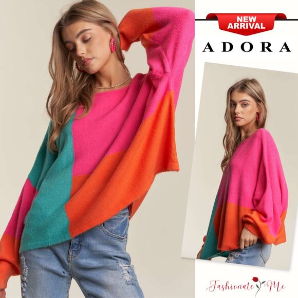 ADORA Color Block Long Sleeves Round Neck Oversized Pullover Sweater | Hot Pink - Picture 1 of 8
